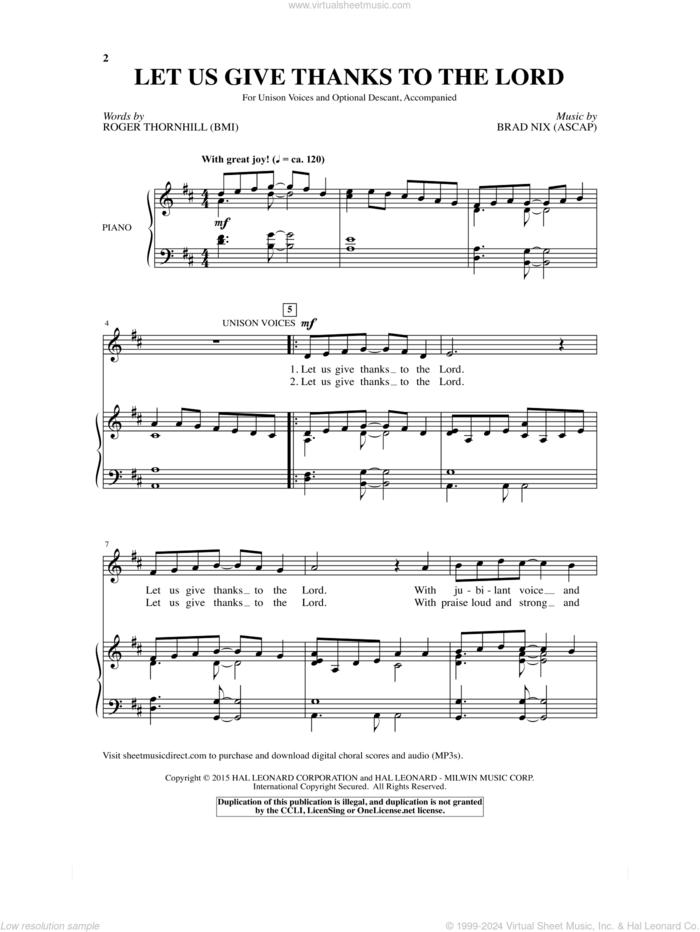 Let Us Give Thanks To The Lord sheet music for choir (Unison) by Brad Nix and Roger Thornhill, intermediate skill level