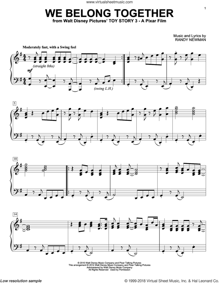 We Belong Together (from Toy Story 3), (intermediate) sheet music for piano solo by Randy Newman, intermediate skill level