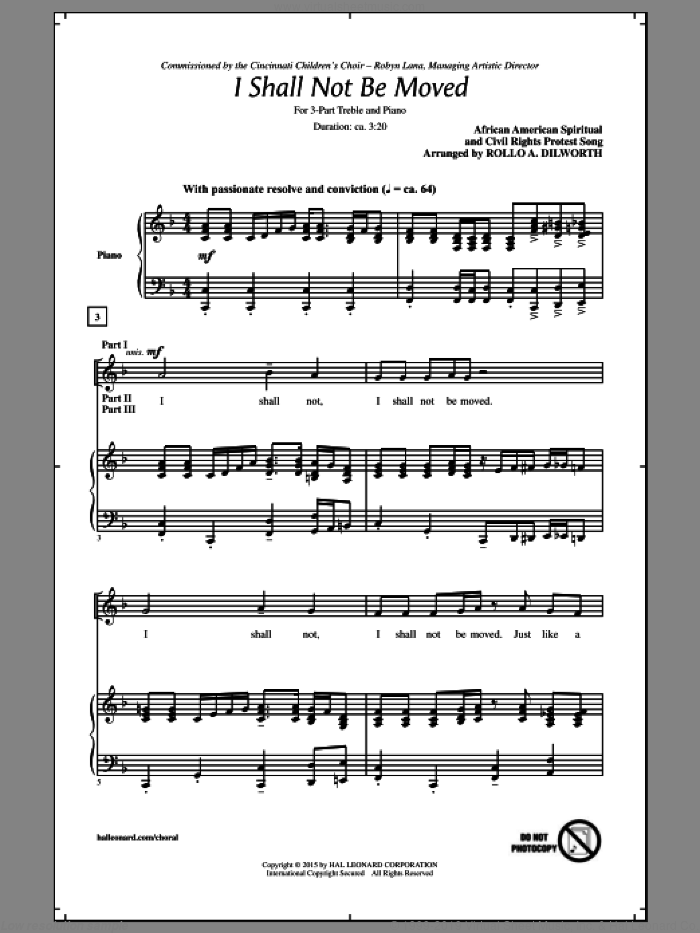 I Shall Not Be Moved sheet music for choir (3-Part Treble) by Rollo Dilworth, Edward H. Boatner and Miscellaneous, intermediate skill level