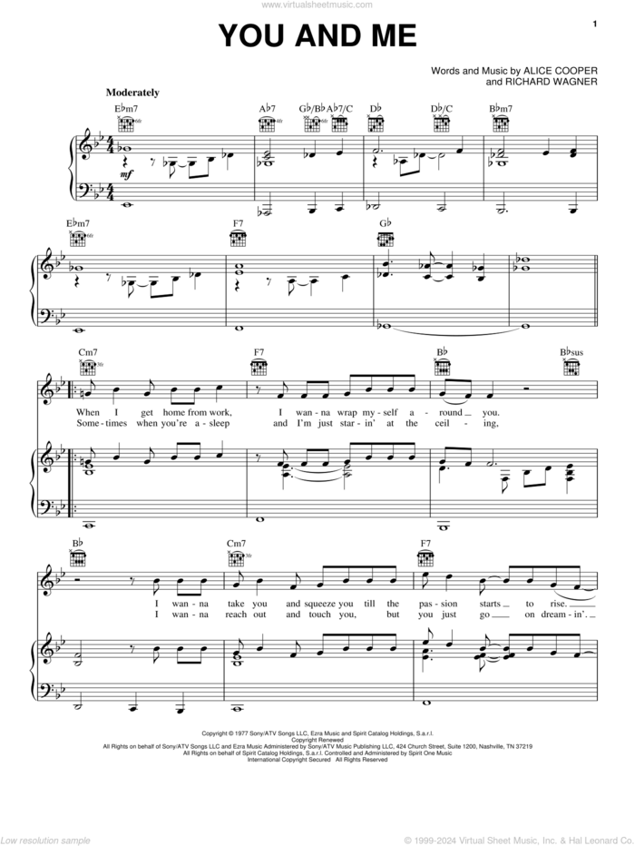 You And Me sheet music for voice, piano or guitar by Richard Wagner and Alice Cooper, intermediate skill level