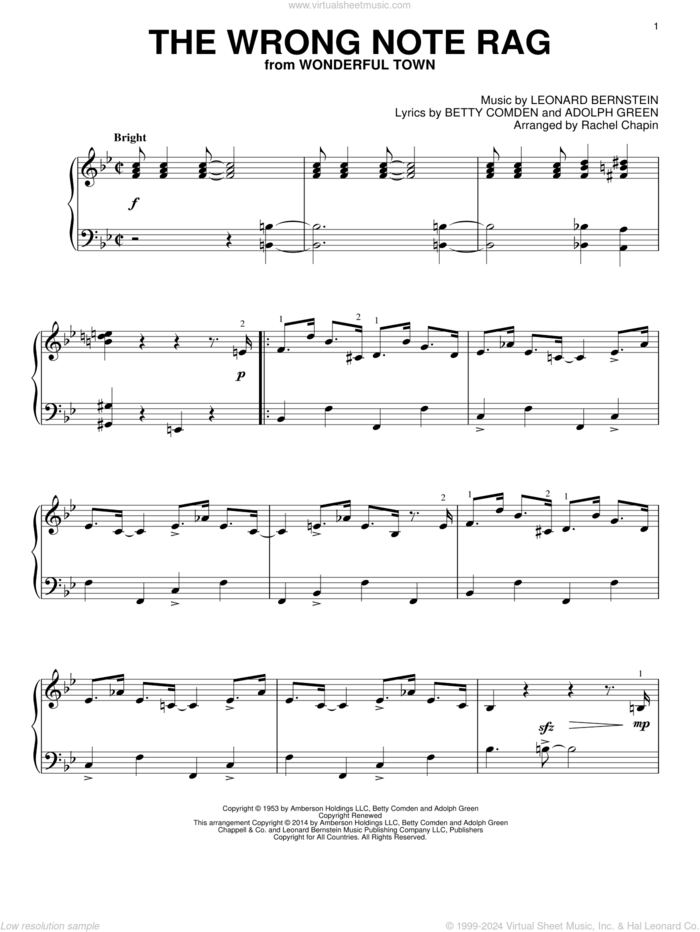 The Wrong Note Rag sheet music for piano solo by Leonard Bernstein, Adolph Green and Betty Comden, intermediate skill level