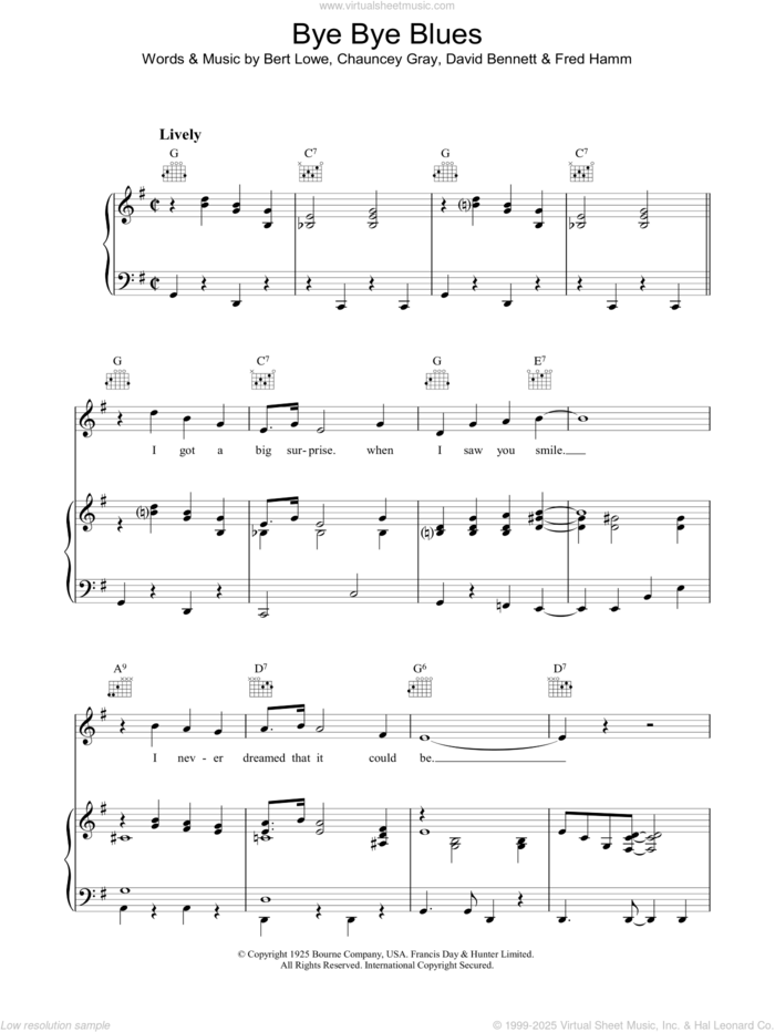 Bye Bye Blues sheet music for voice, piano or guitar by Fred Hamm, Bert Lowe, Chauncey Gray and David Bennett, intermediate skill level