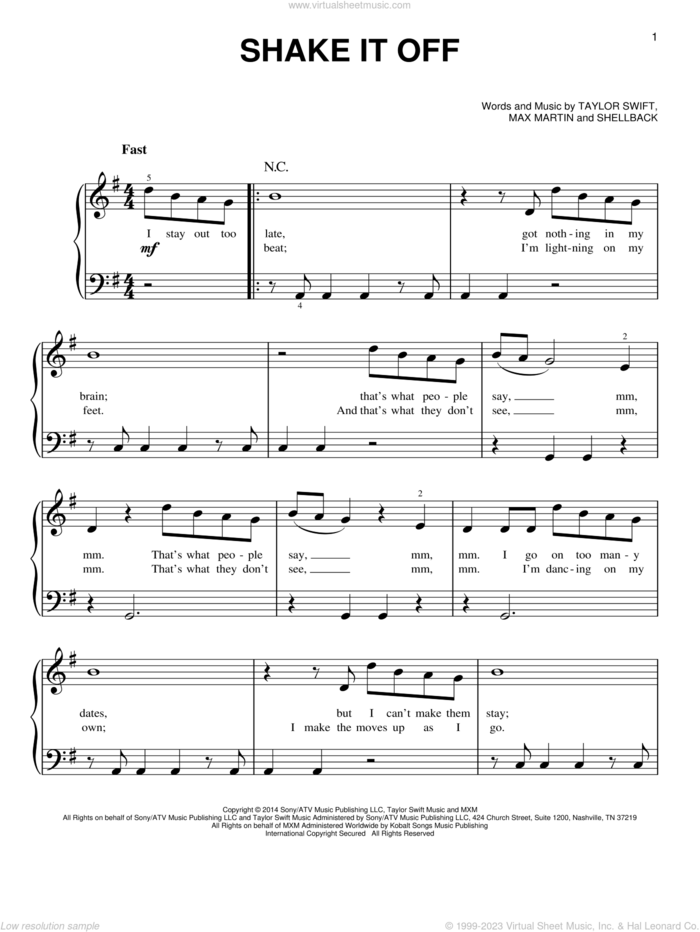 Shake It Off, (easy) sheet music for piano solo by Taylor Swift, Johan Schuster, Max Martin and Shellback, easy skill level