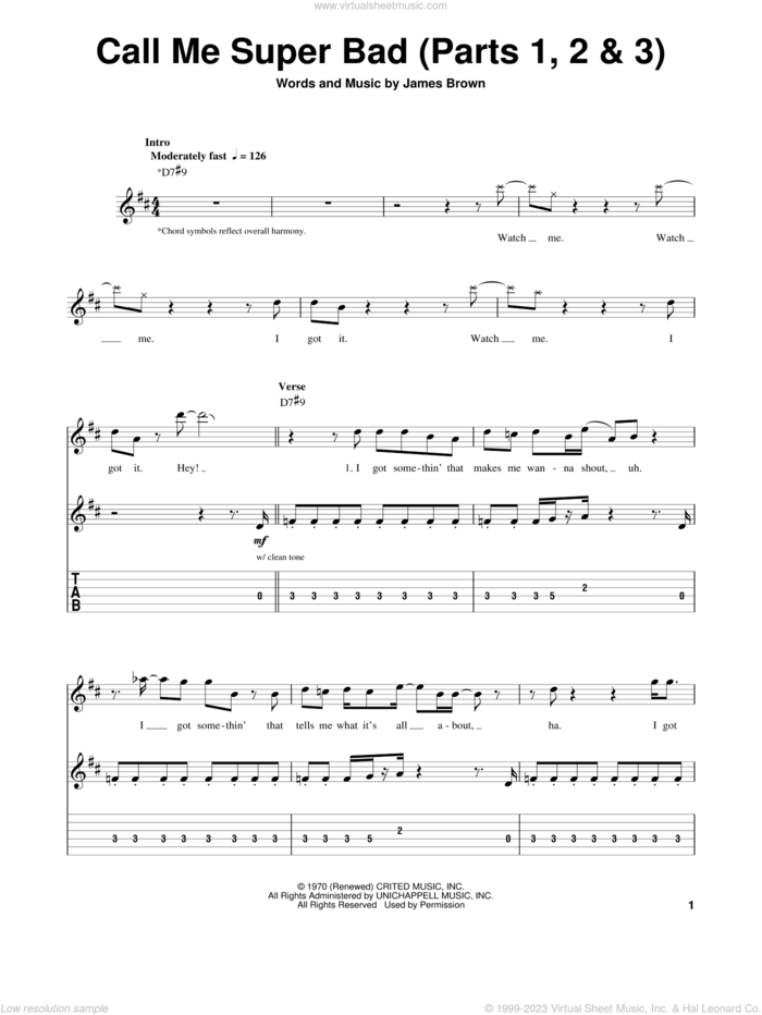 Call Me Super Bad (Parts 1, 2 and 3) sheet music for guitar (tablature, play-along) by James Brown, intermediate skill level