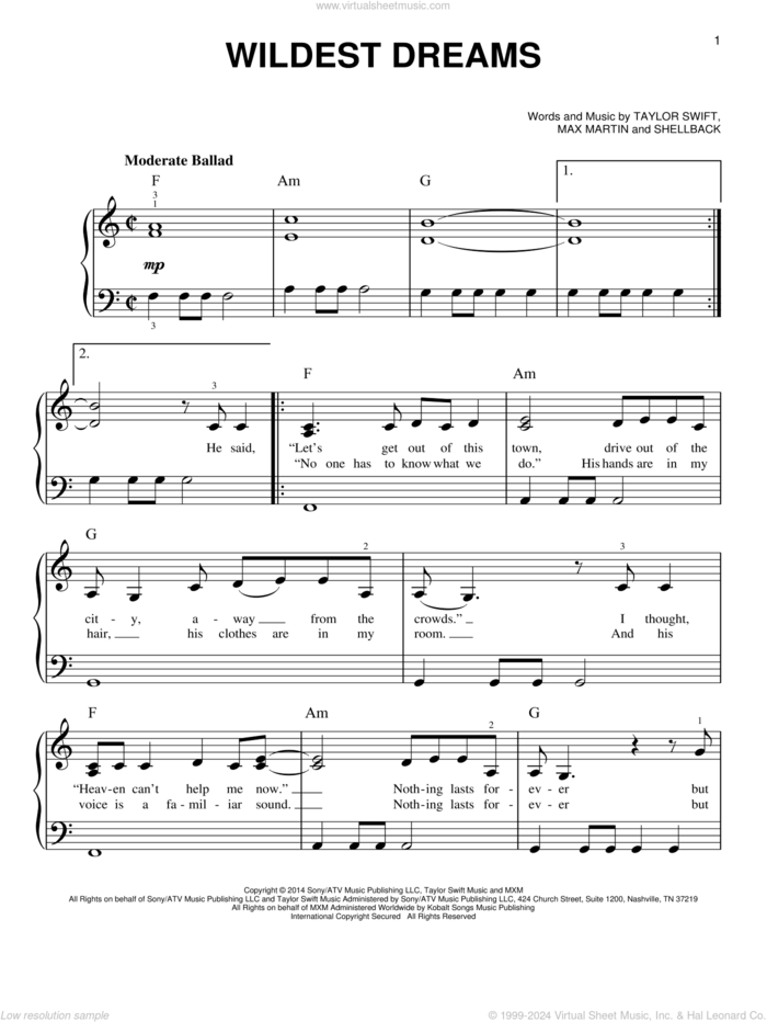 Wildest Dreams sheet music for piano solo by Taylor Swift, Johan Schuster, Max Martin and Shellback, easy skill level