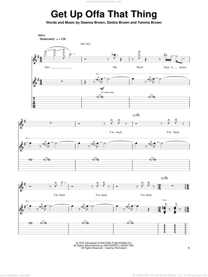 Get Up Offa That Thing sheet music for guitar (tablature, play-along) by James Brown, Deanna Brown, Deidra Brown and Yamma Brown, intermediate skill level