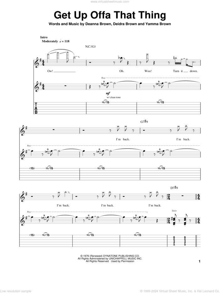 Get Up Offa That Thing sheet music for guitar (tablature, play-along) by James Brown, Deanna Brown, Deidra Brown and Yamma Brown, intermediate skill level