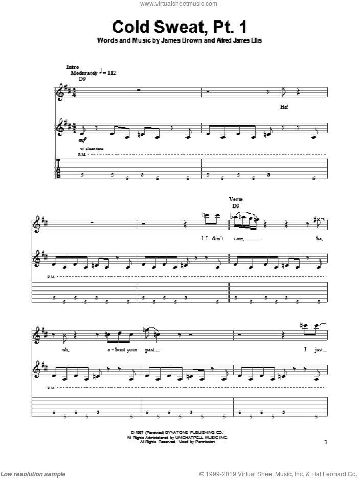 Cold Sweat, Pt. 1 sheet music for guitar (tablature, play-along) by James Brown and Alfred James Ellis, intermediate skill level