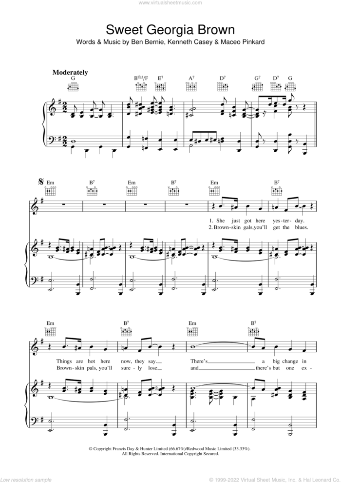 Sweet Georgia Brown sheet music for voice, piano or guitar by Ben Bernie, Kenneth Casey and Maceo Pinkard, intermediate skill level