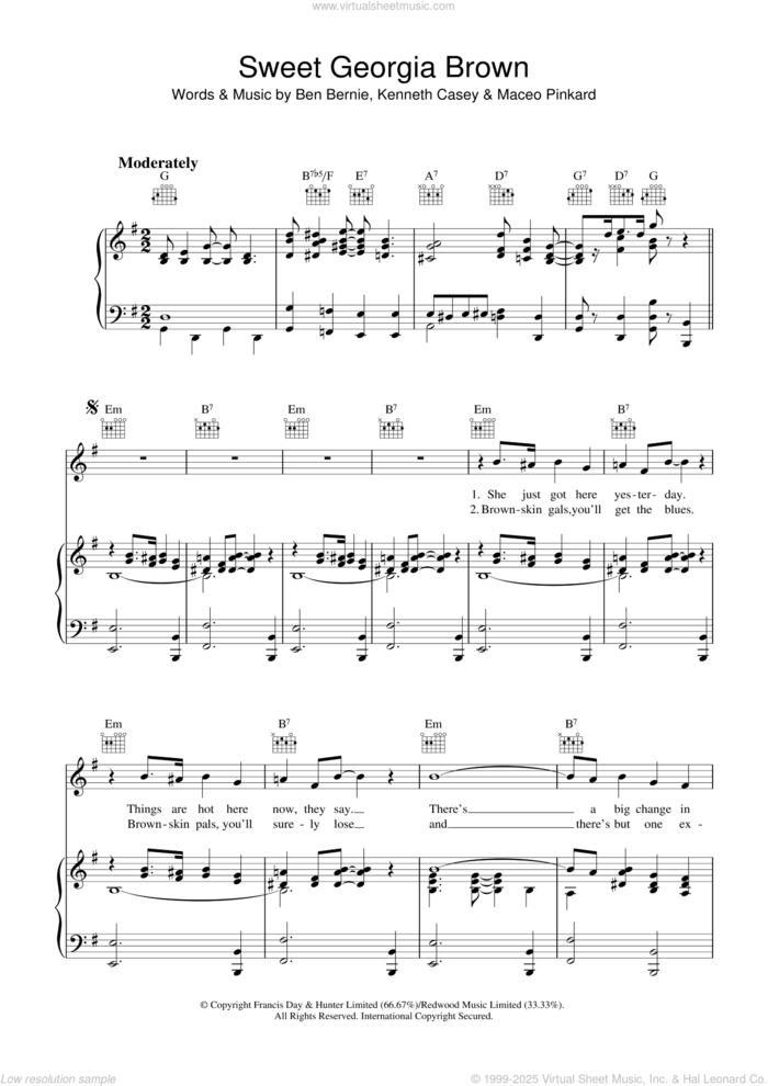 Sweet Georgia Brown sheet music for voice, piano or guitar by Ben Bernie, Kenneth Casey and Maceo Pinkard, intermediate skill level