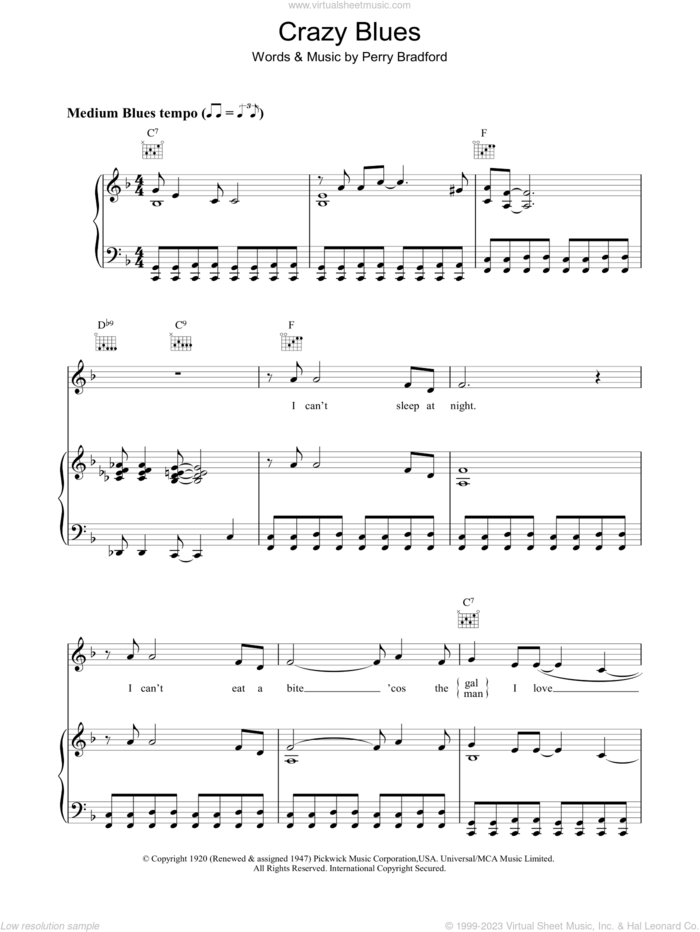 Crazy Blues sheet music for voice, piano or guitar by Perry Bradford, intermediate skill level