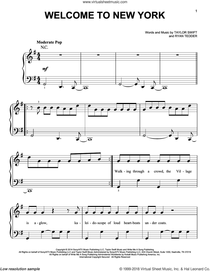 Welcome To New York sheet music for piano solo by Taylor Swift and Ryan Tedder, easy skill level