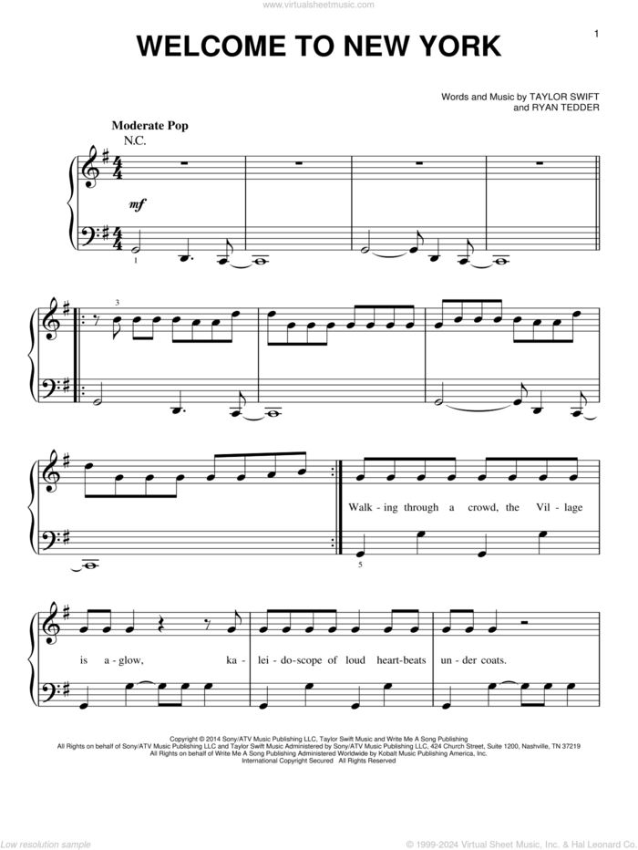 Welcome To New York sheet music for piano solo by Taylor Swift and Ryan Tedder, easy skill level