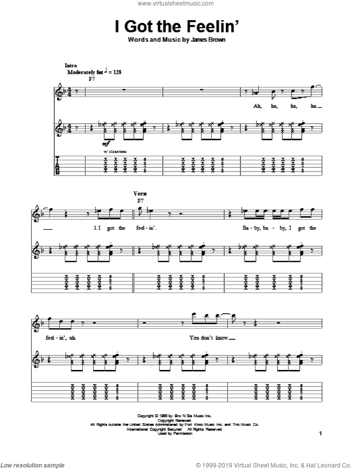 I Got The Feelin' sheet music for guitar (tablature, play-along) by James Brown, intermediate skill level