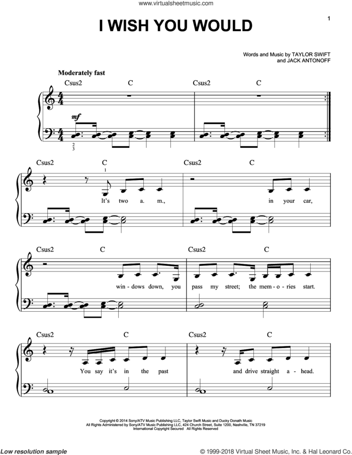 I Wish You Would sheet music for piano solo by Taylor Swift and Jack Antonoff, easy skill level