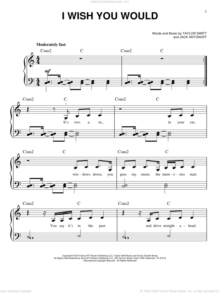 I Wish You Would sheet music for piano solo by Taylor Swift and Jack Antonoff, easy skill level