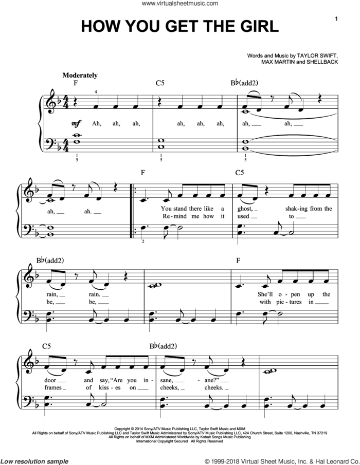 How You Get The Girl sheet music for piano solo by Taylor Swift, Johan Schuster, Max Martin and Shellback, easy skill level