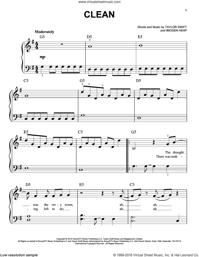 Clean sheet music for piano solo by Taylor Swift and Imogen Heap, easy skill level