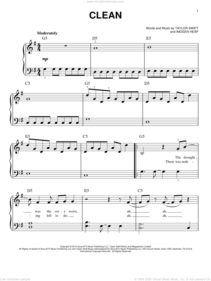 Clean sheet music for piano solo by Taylor Swift and Imogen Heap, easy skill level