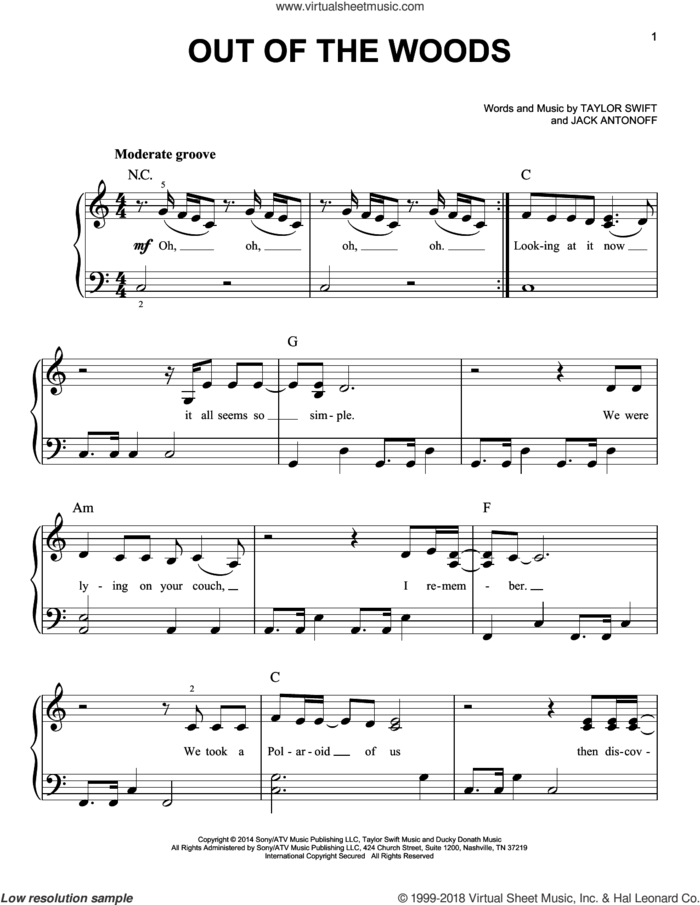 Out Of The Woods sheet music for piano solo by Taylor Swift and Jack Antonoff, easy skill level