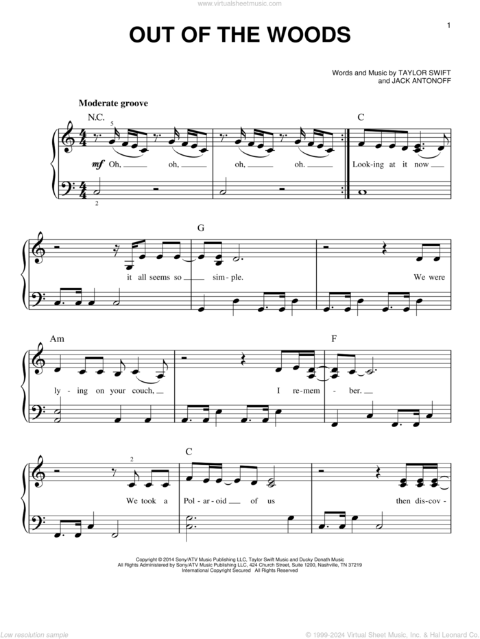 Out Of The Woods sheet music for piano solo by Taylor Swift and Jack Antonoff, easy skill level