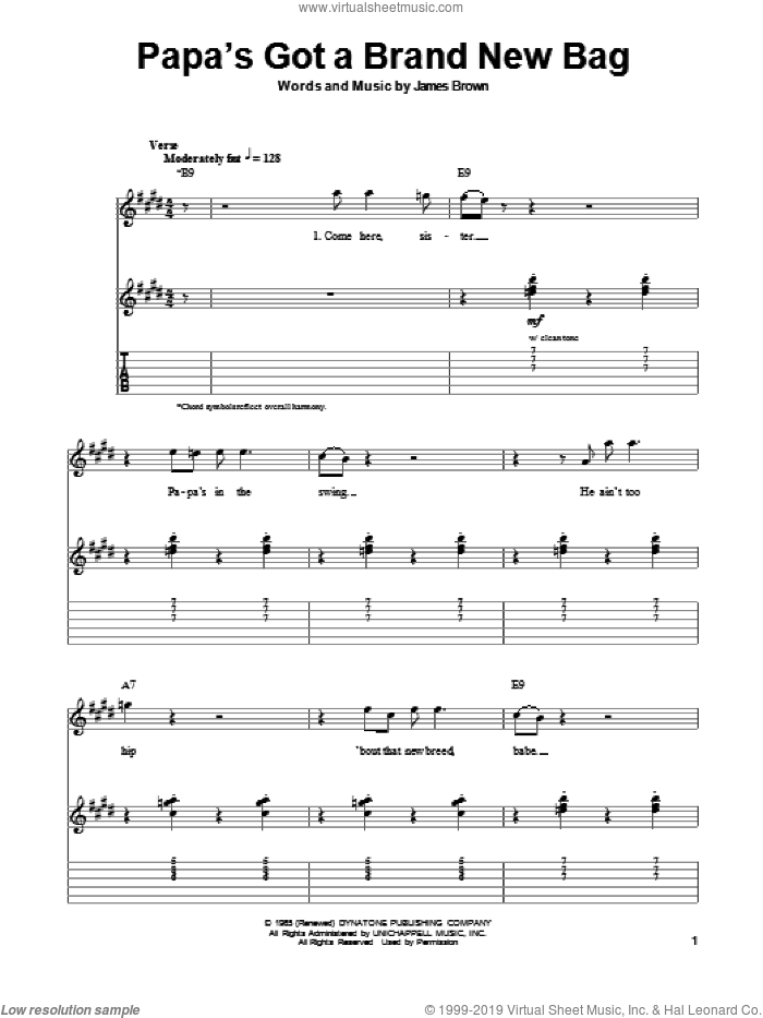 Papa's Got A Brand New Bag sheet music for guitar (tablature, play-along) by James Brown and Otis Redding, intermediate skill level
