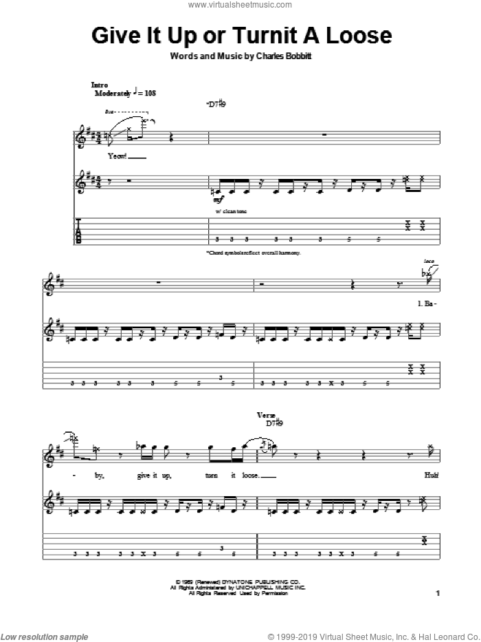 Give It Up Or Turnit A Loose sheet music for guitar (tablature, play-along) by James Brown and Charles Bobbitt, intermediate skill level