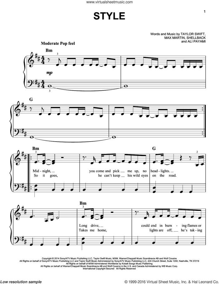 Style, (easy) sheet music for piano solo by Taylor Swift, Ali Payami, Johan Schuster, Max Martin and Shellback, easy skill level