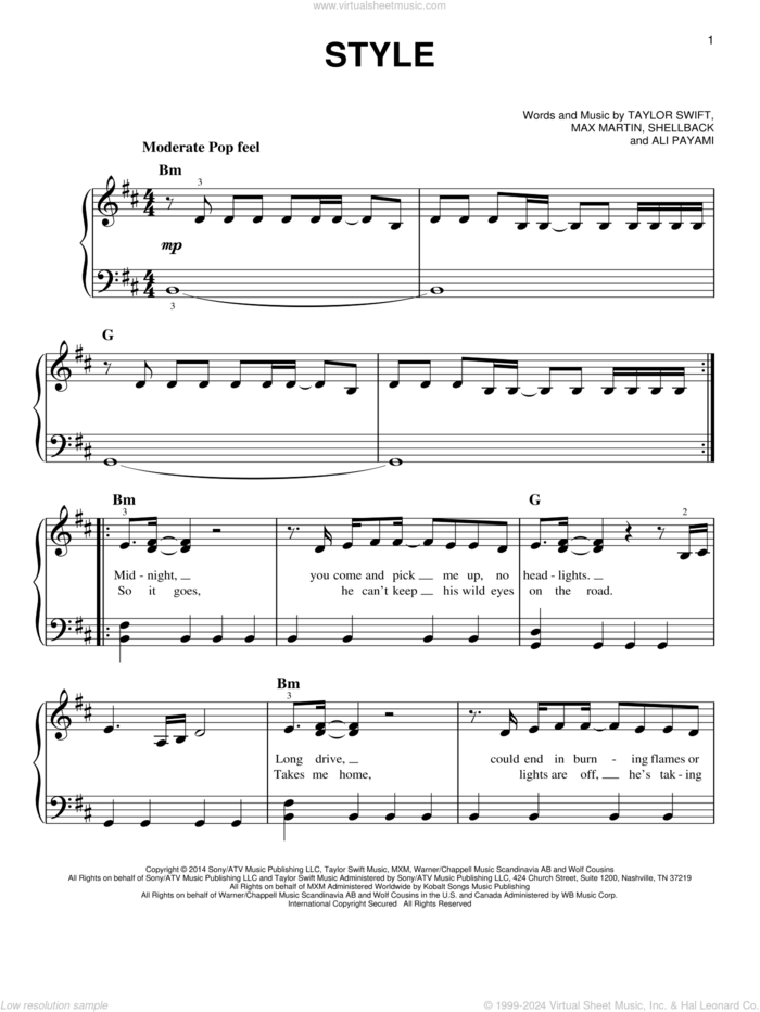 Style, (easy) sheet music for piano solo by Taylor Swift, Ali Payami, Johan Schuster, Max Martin and Shellback, easy skill level