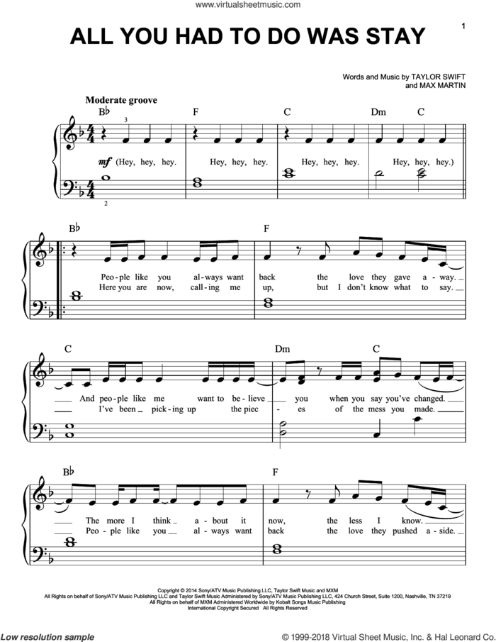 All You Had To Do Was Stay sheet music for piano solo by Taylor Swift and Max Martin, easy skill level