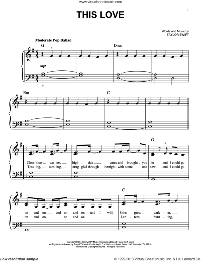 This Love sheet music for piano solo by Taylor Swift, easy skill level