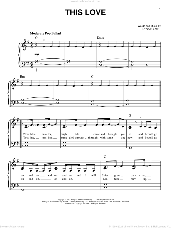 This Love sheet music for piano solo by Taylor Swift, easy skill level