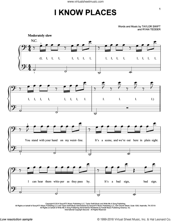 I Know Places sheet music for piano solo by Taylor Swift and Ryan Tedder, easy skill level