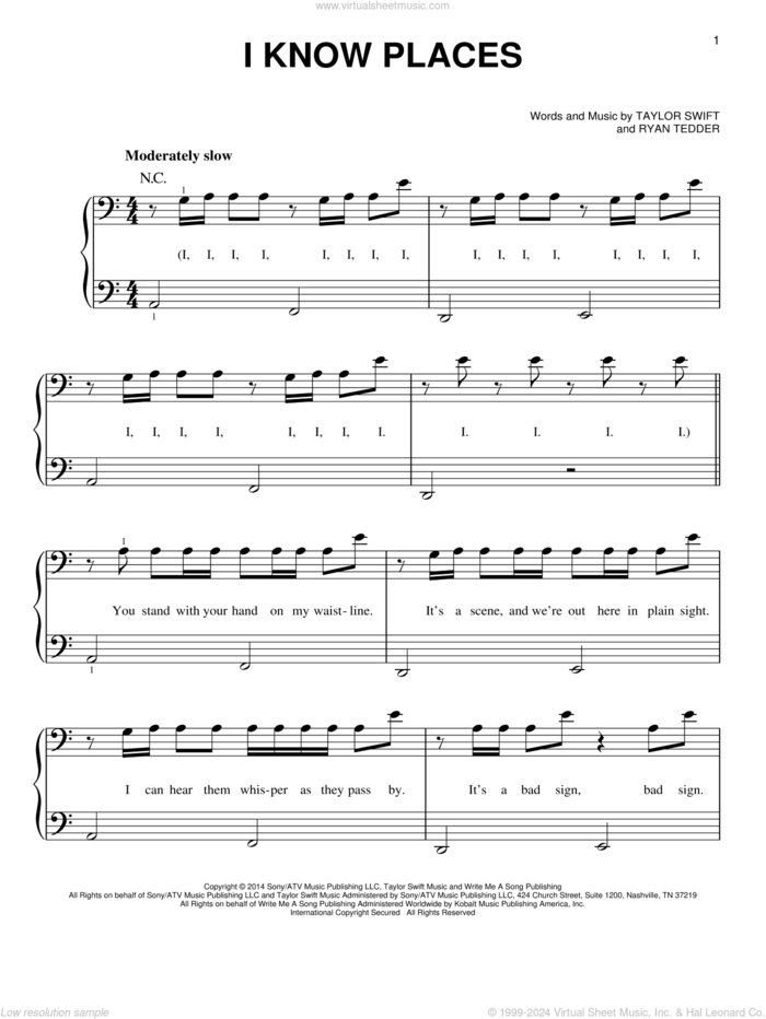 I Know Places sheet music for piano solo by Taylor Swift and Ryan Tedder, easy skill level