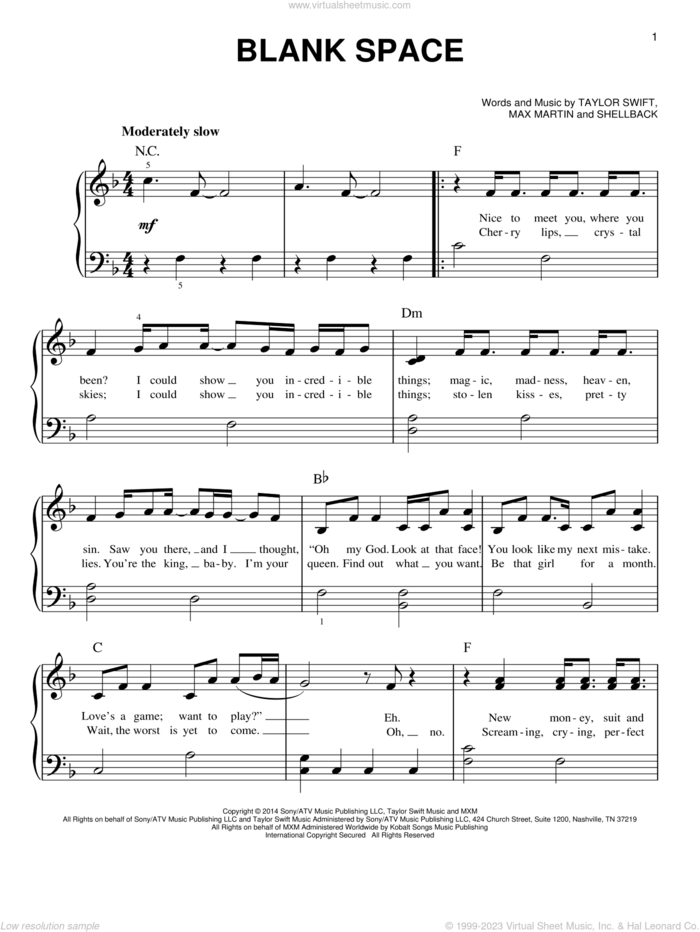 Blank Space, (easy) sheet music for piano solo by Taylor Swift, Johan Schuster, Max Martin and Shellback, easy skill level
