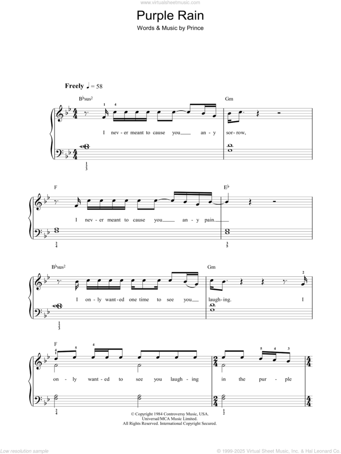 Purple Rain sheet music for piano solo by Prince and Prince & The Revolution, easy skill level