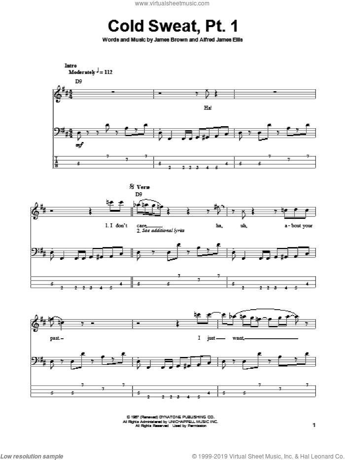 Cold Sweat, Pt. 1 sheet music for bass (tablature) (bass guitar) by James Brown and Alfred James Ellis, intermediate skill level
