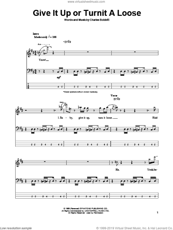 Give It Up Or Turnit A Loose sheet music for bass (tablature) (bass guitar) by James Brown and Charles Bobbitt, intermediate skill level