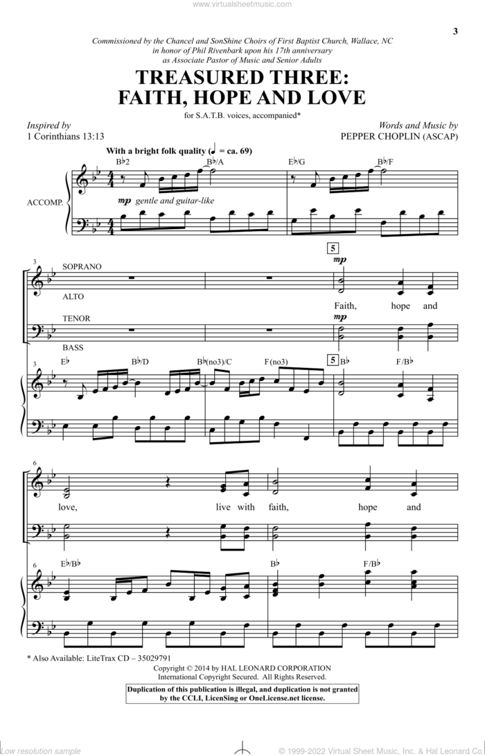 Treasured Three: Faith, Hope And Love sheet music for choir (SATB: soprano, alto, tenor, bass) by Pepper Choplin, intermediate skill level