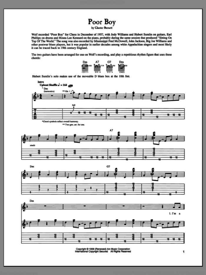 Poor Boy sheet music for guitar (tablature) by Howlin' Wolf and Chester Burnett, intermediate skill level