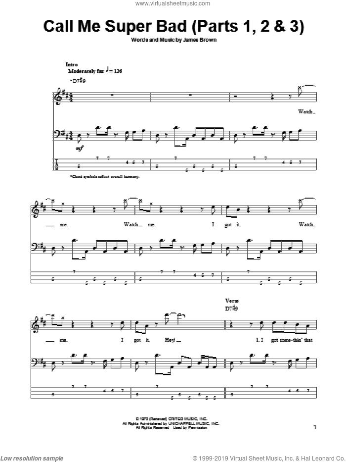 Call Me Super Bad (Parts 1, 2 and 3) sheet music for bass (tablature) (bass guitar) by James Brown, intermediate skill level