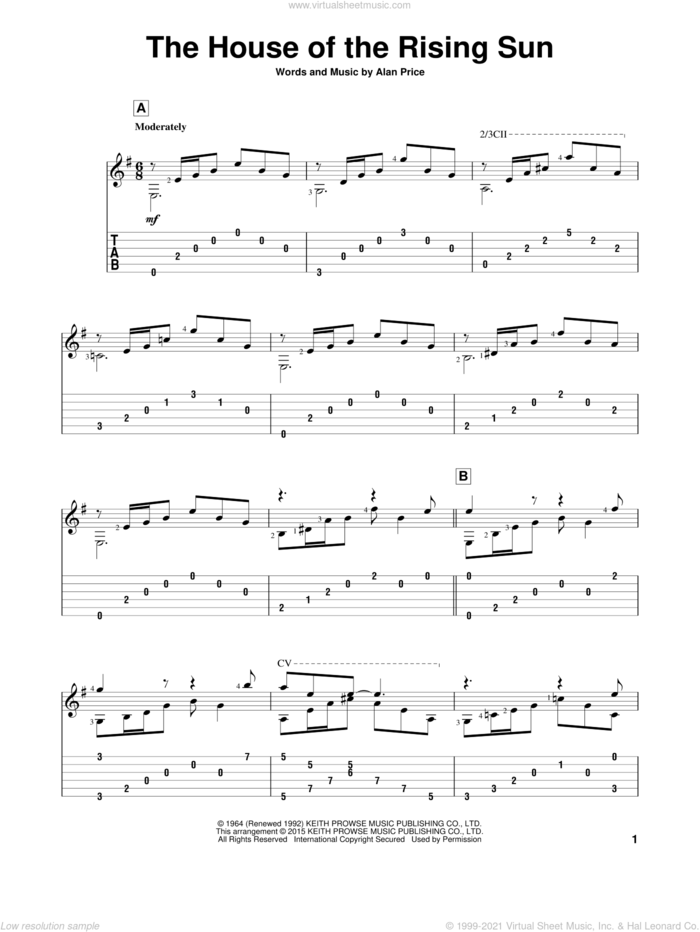 The House Of The Rising Sun sheet music for guitar solo by The Animals, John Hill and Alan Price, intermediate skill level