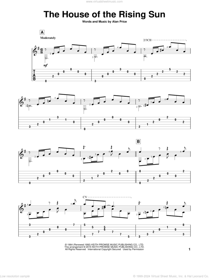 The House Of The Rising Sun sheet music for guitar solo by The Animals, John Hill and Alan Price, intermediate skill level