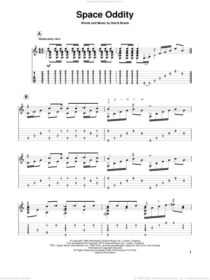 Space Oddity sheet music for guitar solo by David Bowie and John Hill, intermediate skill level