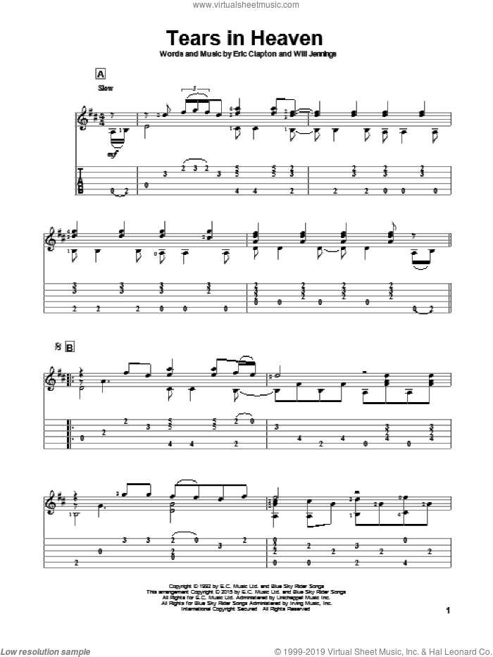 Tears In Heaven sheet music for guitar solo by Eric Clapton, John Hill and Will Jennings, intermediate skill level