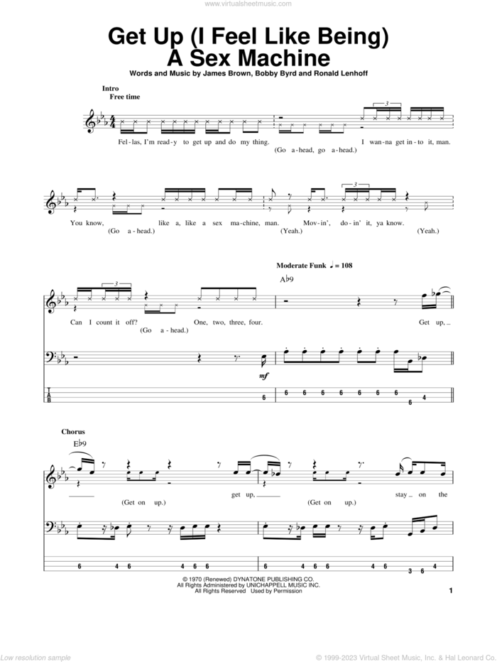 Get Up (I Feel Like Being A Sex Machine) sheet music for bass (tablature) (bass guitar) by James Brown, Bobby Byrd and Ronald Lenhoff, intermediate skill level