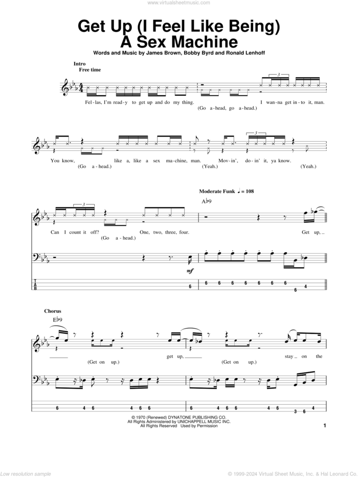 Get Up (I Feel Like Being A Sex Machine) sheet music for bass (tablature) (bass guitar) by James Brown, Bobby Byrd and Ronald Lenhoff, intermediate skill level