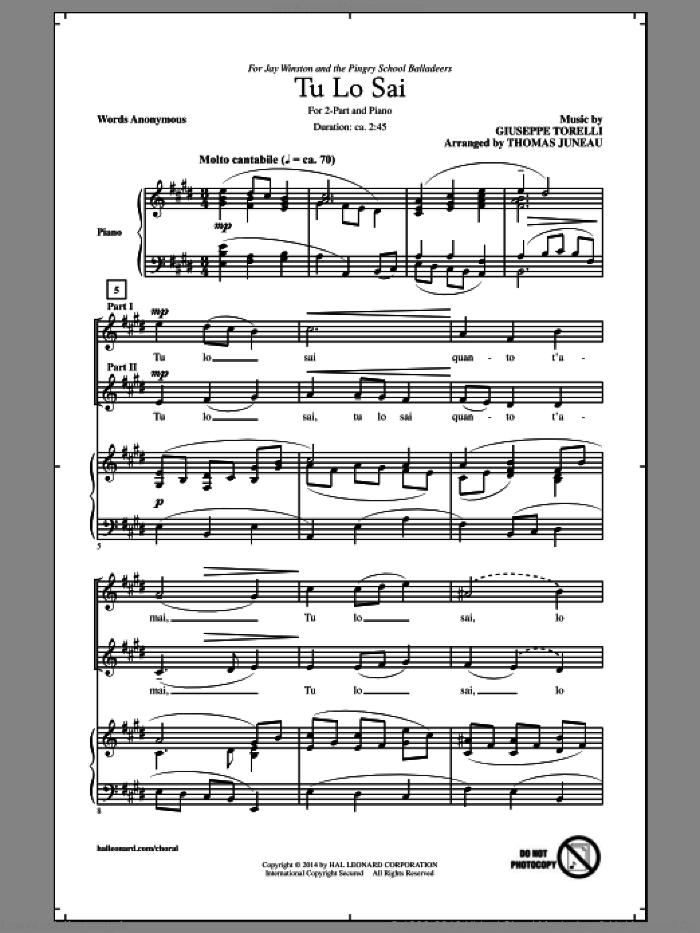 Tu Lo Sai sheet music for choir (2-Part) by Giuseppe Torelli and Thomas Juneau, classical score, intermediate duet