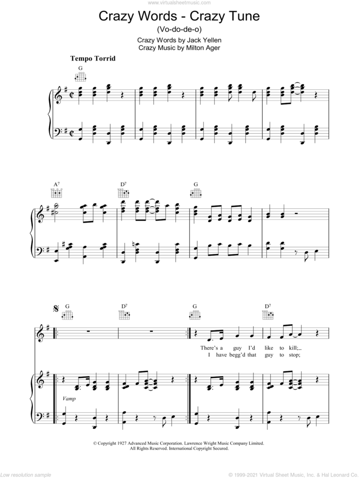 Crazy Words, Crazy Tune sheet music for voice, piano or guitar by Milton Ager and Jack Yellen, intermediate skill level