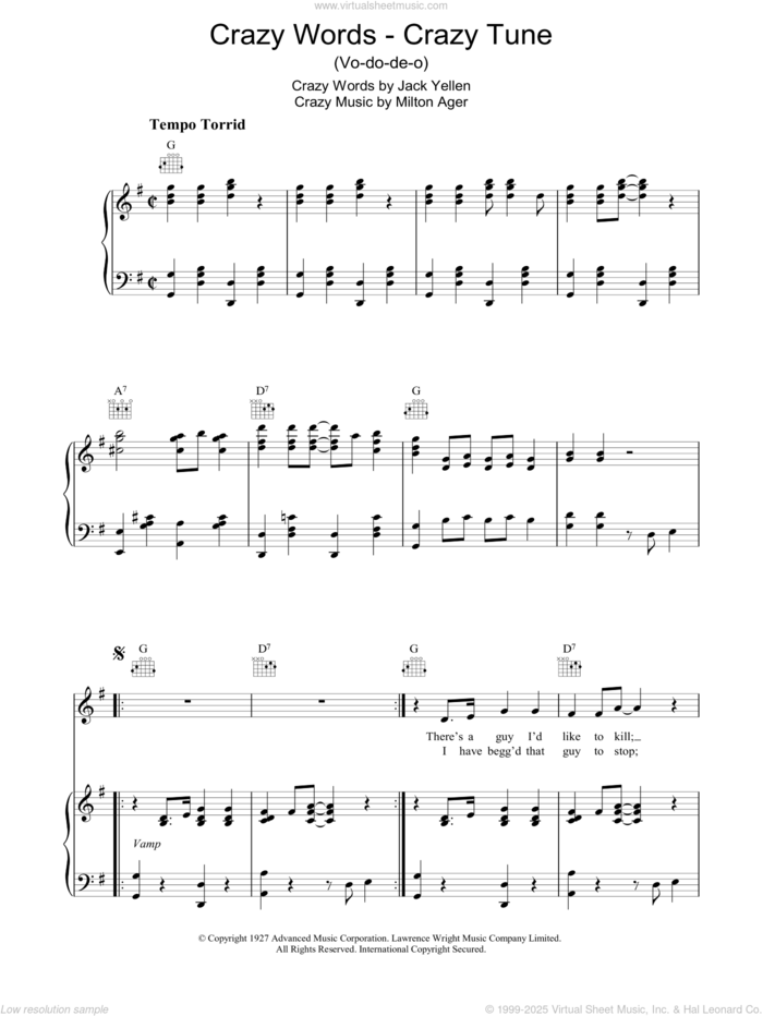 Crazy Words, Crazy Tune sheet music for voice, piano or guitar by Milton Ager and Jack Yellen, intermediate skill level